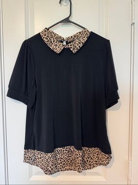 Black Top with Leopard Print Collar and Hem - Women's Dress Top